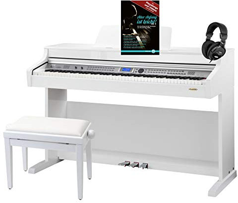Classic Cantabile DP-A 410 WH E-Piano Set inkl. Bank, Kopfhörer und Schule (Digitalpiano 88 Tasten Hammermechanik, Kopfhöreranschluss, USB, Begleitautomatik, Pedale, inkl. Noten und Hocker) weiß glanz