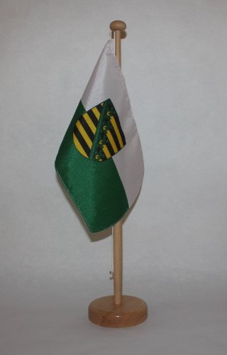 Sachsen landsflagga bordsflagga 15 x 25 cm av professionell kvalitet, valfri med eller utan 42 cm massivt trä – bordsstativ Tischflagge mit Holzständer