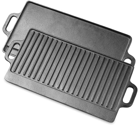 ProSource 2-in-1 Reversible 19.5” x 9” Cast Iron Griddle with Handles, Preseasoned & Non-Stick for Gas Stovetop, Oven and Open Fire.