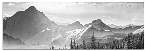 Toile Photo comme Panorama Noir/Blanc 120 x 40 cm forêt Montagnes neige Nuages rayons de soleil