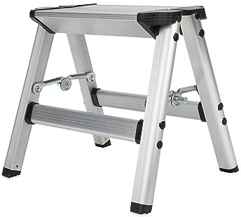 Camco Folding Metal Step Stool - Perfect for Hard to Reach Areas in Kitchens and Closets, Great as a Truck Stool, Folds for Easy Storage (43672), Silver,One Size