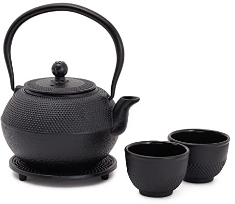 Juvale Japanisches Teeset mit Gusseisen-Teekanne (1200ml), Untersetzer und 2 Becher, Teeset im Tetsubin-Stil, Schwarz