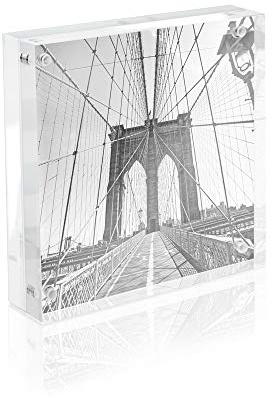 Isaac Jacobs 5” x 5” Super Thick [28MM Thickness] Clear Acrylic Magnetic Block Picture Frame, Double-Sided, Frameless, Freestanding, Floating Photos, for Desktop & Tabletop Display (5x5)