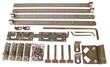 Premium Torbeschlag Doppeltor | verstellbar | für zweiflügelige Tore | aus Stahl, gelb verzinkt | inkl. Ladenbänder, Kloben, Überwurfriegel, Torfeststeller, Auflaufblock und Montagematerial