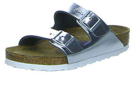 Birkenstock Classic Damen Arizona Leder Softfootbed Pantoletten, Silber Metallic Silver