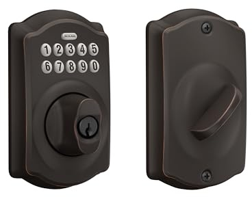 Schlage Camelot Electronic Keypad Deadbolt Lock, Keyless Front Door Entry, Mechanical Key Backup Included, Aged Bronze, BE365 V CAM 716