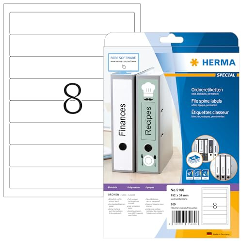 HERMA 5160 mappetiketter A4 ogenomskinlig, kort/smal (192 x 34 mm, 25 ark, papper, matt) självhäftande, utskrivbara, permanenta mappa ryggetiketter, 200 filetiketter, vit