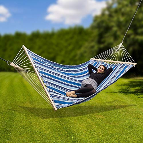Hängematte Hängeliege Hängesitz Stabhängematte Gartenliege blau weiß gestreift