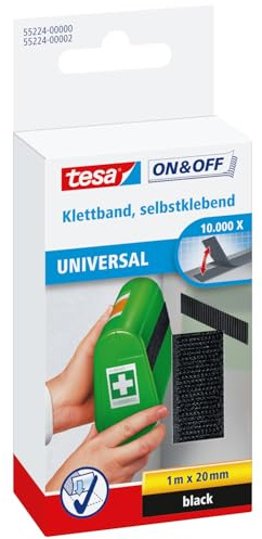 tesa On & Off Klettband zum Aufkleben - Selbstklebendes Klettklebeband zur Befestigung leichter Gegenstände - Schwarz, 2 cm x 100 cm