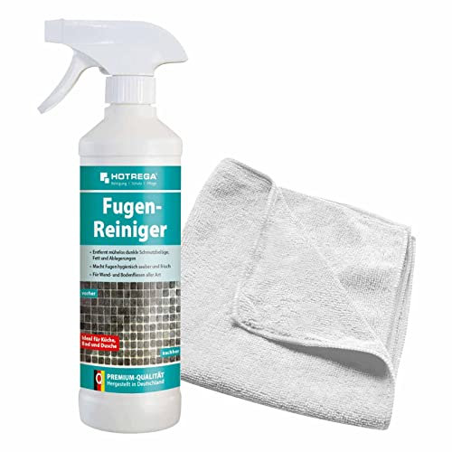 HOTREGA Fugenreiniger 500ml | Für Bad & Dusche | Extra stark, säurefrei | Entfernt Fett Seife Kalk | Frischt die Fugenfarbe auf | inkl. Microfasertuch