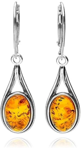 Designer Inspirations Boutique ® – Argent 925/1000 – Boucles d'Oreilles Femme – Goutte d'ambre à levier – Bijoux fantaisies goutte – Ambre