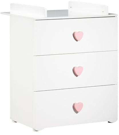 Commode bébé | Commode 3 tiroirs | Plan à Langer Inclus | Boutons Coeur Rose Basic | 76 x 97 x 66 cm | Fabriqué en France | Babyprice par Sauthon