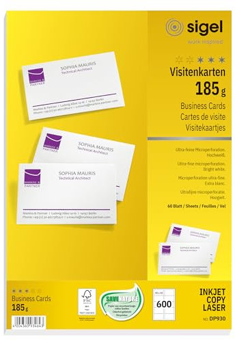 SIGEL DP930 bedruckbare Visitenkarten hochweiß, 600 Stück (60 Blatt), 185 g, 85x55 mm