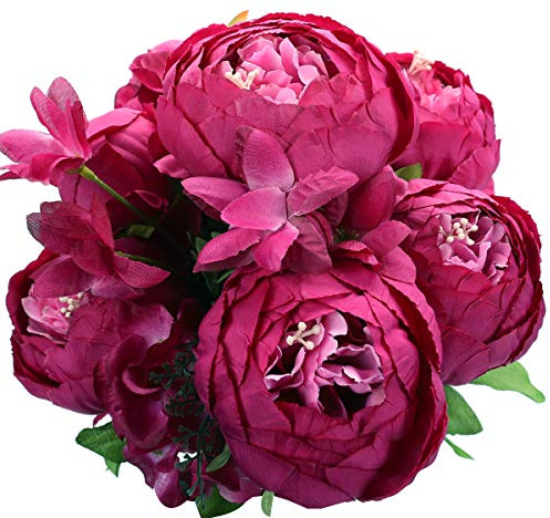 Duovlo Springs Flowers Bouquet de pivoines artificielles en Soie pour décoration de Mariage et d'intérieur (Rose Vif)