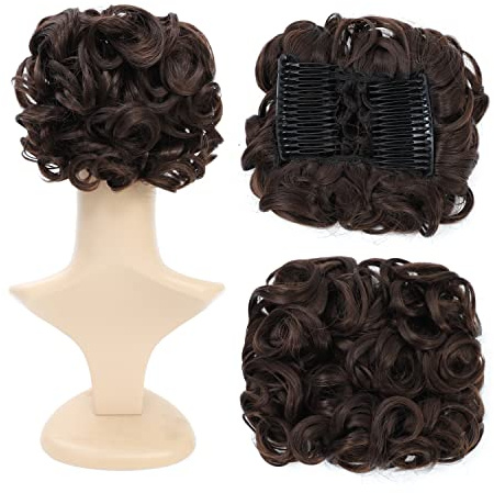 SWACC Short Messy Curly Dish Hair Bun Extension Easy Stretch hair Combs Clip in Ponytail Extension Scrunchie Chignon Tray Ponytail Hairpieces (Dark Brown-4#)