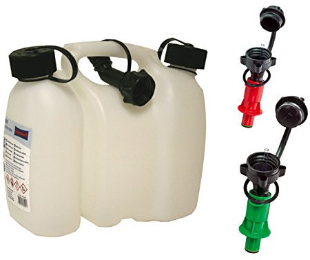 BAUPROFI Doppelkanister transparent 3+1,5 Liter mit Ausgiesser und 2x Sicherheits-Einfüllsystemen (grün + rot) aus HD-PE für Benzin