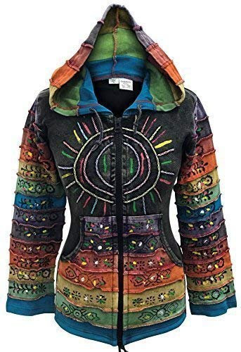 SHOPOHOLIC FASHION Acid Washed Multicolor Patchwork Hoodie, Rainbow Striped Sleeve Hippy Jacket,Boho, M, Black