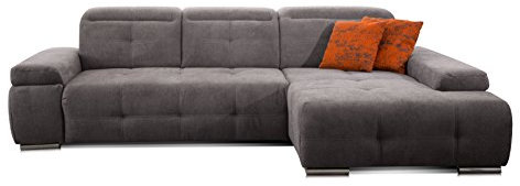 CAVADORE Schlafsofa Mistrel mit Longchair XL rechts / Große Eck-Couch im modernen Design / Mit Bettfunktion / Inkl. verstellbare Kopfteile / Wellenunterfederung / 273 x 77 x 173 / Kati Fango