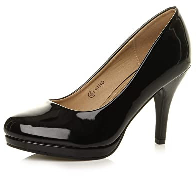 Ajvani Womens Ladies mid high Heel Platform Work Evening Court Shoes Pumps, 5 UK, Black,Black Patent