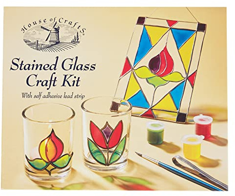 House of Crafts Stained Glass Craft, Single Craft Kit Set, Multicoloured, Includes 2 Glass Votive, Suncatcher, Self-Adhesive Lead Strip, 5 Paints, Brush, Suction Cap, Instruction/Patterns
