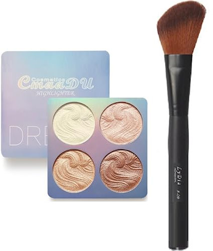 4 Colours Baked Powder Highlighter n Bronzing Face Contour Palette + LyDia Black Angled Face Blusher, Highlighter, Bronzer, Contour Blending Makeup Brush F-09