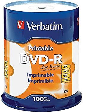 Verbatim Life Series DVD-R 16X 4.7 GB/120 Minute Inkjet Printable DISC 100-PACK Spindle