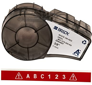 Brady Ruban d’étiquettes vinyles étiqueteuses M211 et M210 - Étiquettes vinyles adhésives - Blanc sur rouge (9.53mm x 6.40m) - M21-375-595-RD