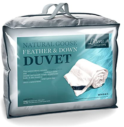 Littens - Luxury White Goose Feather And Down Duvet Quilt, 15 Tog Single Bed Size, 230TC 100% Cotton Anti-Dust Mite, Down-Proof