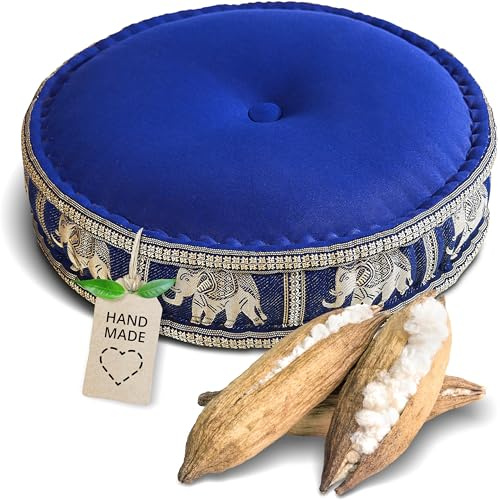 livasia Cuscino da Meditazione Seta thailandese - Ø 45x15cm - Cuscino per Yoga kapok, Pouf, Cuscino da Pavimento Yoga Meditazione Zen, Cuscino Giardino Balcone (Blu/Elefanti Seta)