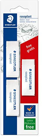 STAEDTLER 526 B20BK3P Radierer rasoplast phtalat- und latexfrei, 65 x 13 x 23 mm, 3 Stück auf Blisterkarte, 1 Stück gratis, weiß
