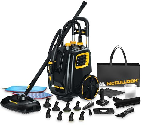 McCulloch MC1385 Deluxe Canister Steam Cleaner, 2-Hour Runtime, Chemical-Free, 23 Accessories: Mop Head, Brushes & More - Built for Home, Tile, Carpet, Furniture, & Personal Car Detailing