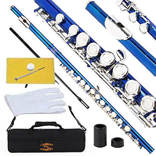 Glory geschlossen Loch C Querflöte mit Fall, Tuning Stab und Tuch, gelenkfett und Handschuhe blau