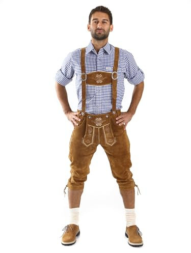 Almbock Lederhose Herren braun - Lederhose Kniebund mit Hosenträgern und Messertasche - Trachtenlederhose Herren Österreich - Trachtenhose Herren 50
