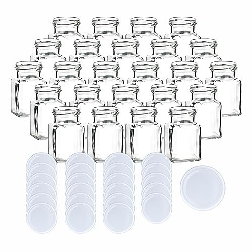 gouveo 48er Set Einmachgläser 150 ml eckig mit Schraubverschluss weiss - Kleine Vorratsgläser mit Deckel - Leere Gewürzgläser, Marmeladengläser, Einkochgläser (EGE150W)