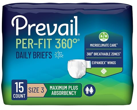 Prevail Per-Fit 360 Incontinence Briefs, Maximum Plus Absorbency, Size Three, 60 Count