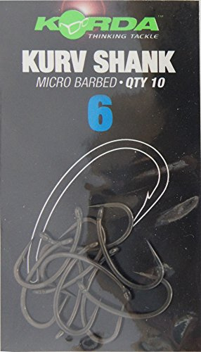 Korda Kurv Shank Barbed 6, Size 6, High Carbon Steel, For Pop-up & Bottom Bait Rigs, Curved Shank, In-turned Eye, Long Sharp Point, XX Heavier Version Available