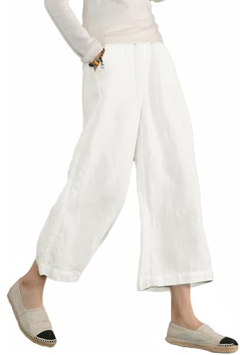ECUPPER Womens Plus Size Capri Trousers Cotton Loose Casual Cropped Pants | Cropped 3/4 Length; Loose Fit; Side Pockets; Pull-On Waist; Linen-Look Culotte; Summer Holiday Beach Travel