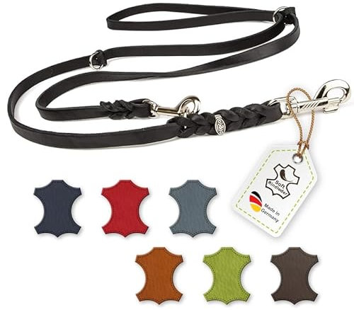 CopcoPet Hundeleine Leder 3-Fach verstellbar, Umhängeleine für kleine Hunde, Fettlederleine Hund geflochten – Mit Chrombeschlägen – Robust, ideal für Spaziergang, Training 2,40m x 10mm Schwarz