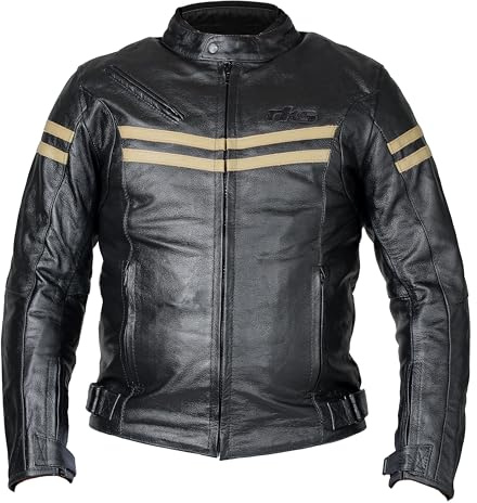 RKsports MENS LEATHER FASHION MOTORCYCLE MOTORBIKE JACKET WITH ARMOUR IN BLACK BEIGE (X-Large)
