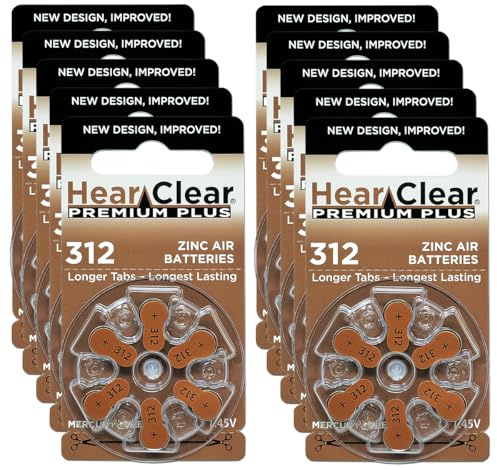 Hear Clear Size 312 PR41 1.45V Zinc Air Hearing Aid Batteries Brown Tab (60 Pack) [Child-Resistant Packaging]