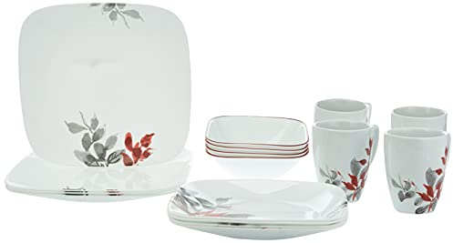 Corelle 16-Piece Vitrelle Glass Kyoto Leaves Chip and Break Resistant Dinner Set, Service for 4, Red/Grey