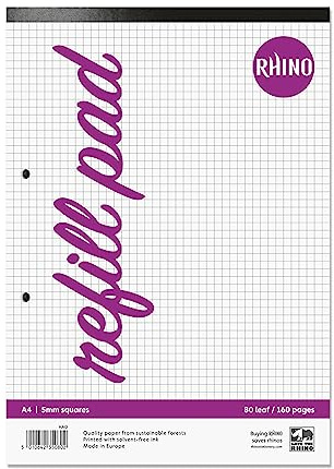 RHINO A4 Refill Pad, Writing Pad, 160 Page / 5mm Squared, 1 Pack, White Hole Punched Top Binding Writing Paper, Office & School Stationery Supplies