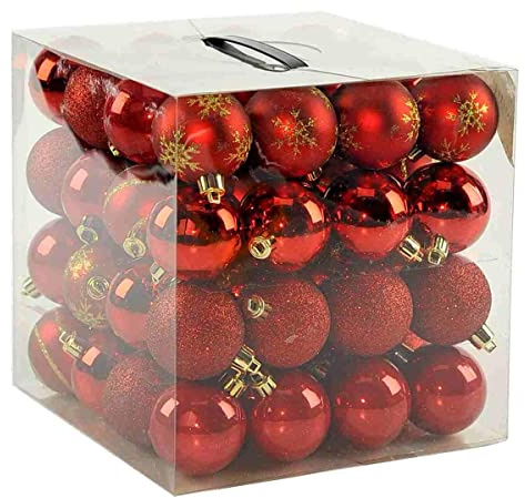 64x Kunststoff Christbaumkugeln 6cm Kugel Box Glanz Glitzer Matt Dekor Inge Glas, Farbe:Red-Mix