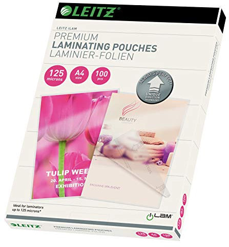 Leitz Heißlaminierfolien A4 125 mic, Laminierfolien in Premium-Qualität im 100er Pack, Glänzend, Transparent, Vereinfachtes Einlegen durch UDT, iLAM, 74810000