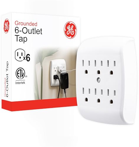 GE 6-Outlet Extender Wall Tap, Grounded Adapter, Outlet Splitter, Charging Station, 3-Prong, Plug Adapter, Secure Install, Cruise Essentials, ETL Listed, White, 54947