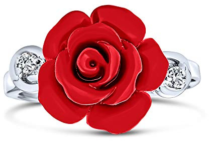 Bague Statement Rose Sculptée Rouge Accent CZ Mode Fleur Pour Femmes Pour Adolescente en Argent Sterling .925