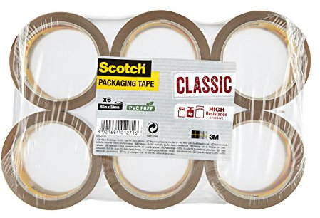 3M Verpackungsklebeband Classic, Starkes Paketklebeband, Packband, 6 Rollen, 50 mm x 66 m, Braun