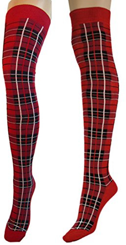 Calcetines por encima de la rodilla con patrón de tartán, diseño de cuadros, calcetines casuales por encima de la rodilla para niñas (rojo), rosso, M