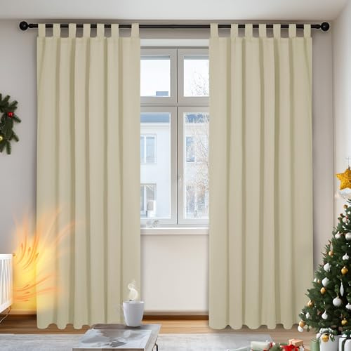 Deconovo Tab Top Blackout Curtains Thermal Insulated Curtains for Girls Bedroom 140x175cm Beige ONE Pair