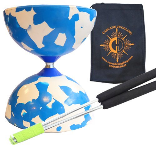 Blue & White Narren Diabolo mit Aluminium 'Metall' Sticks und Tragetasche - Gummi Diablo Set